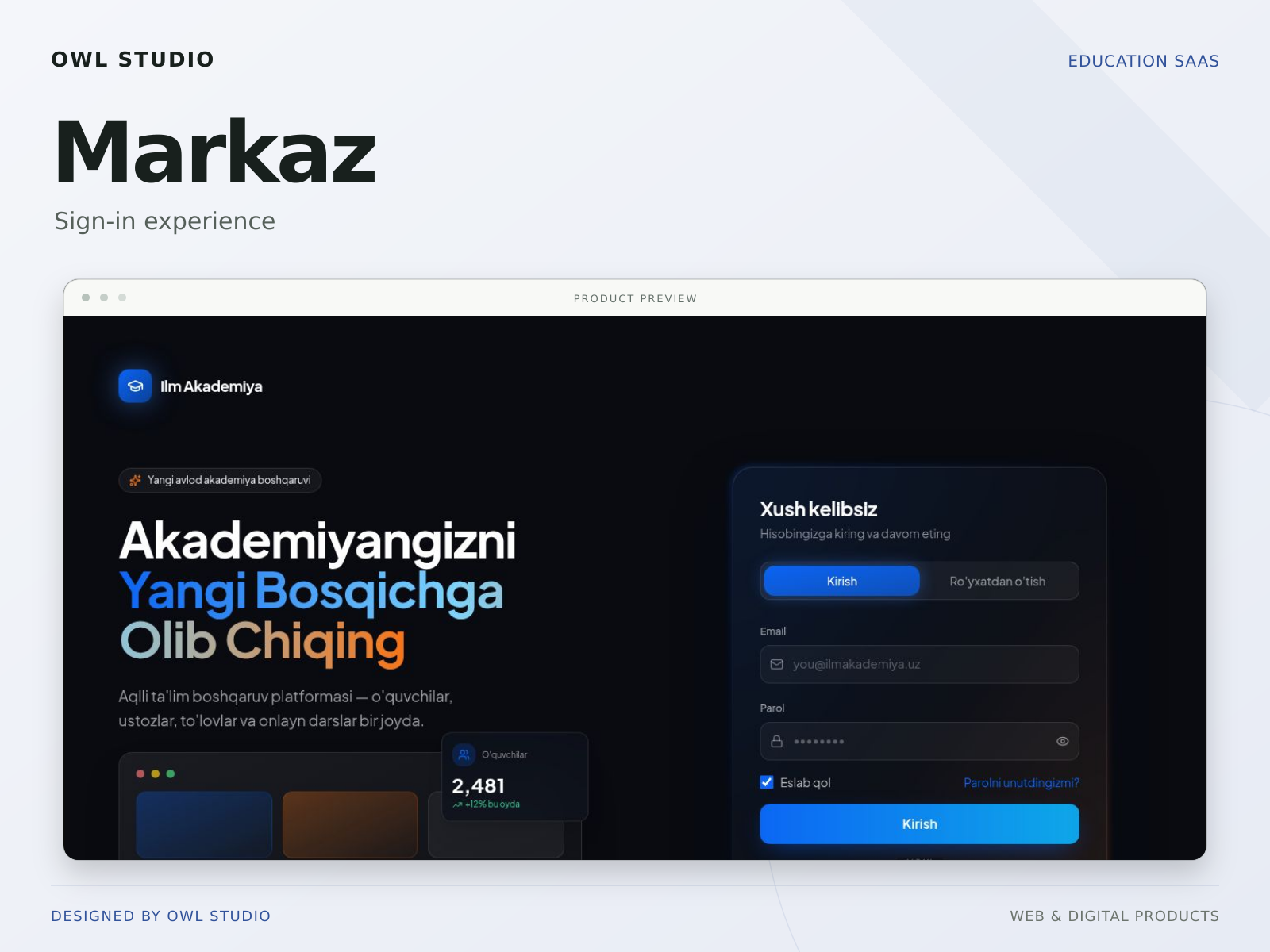 Markaz — Education SaaS Sign-In & Authentication UI authentication dark ui edtech education platform education saas form design login page saas sign in ui design ux design web app