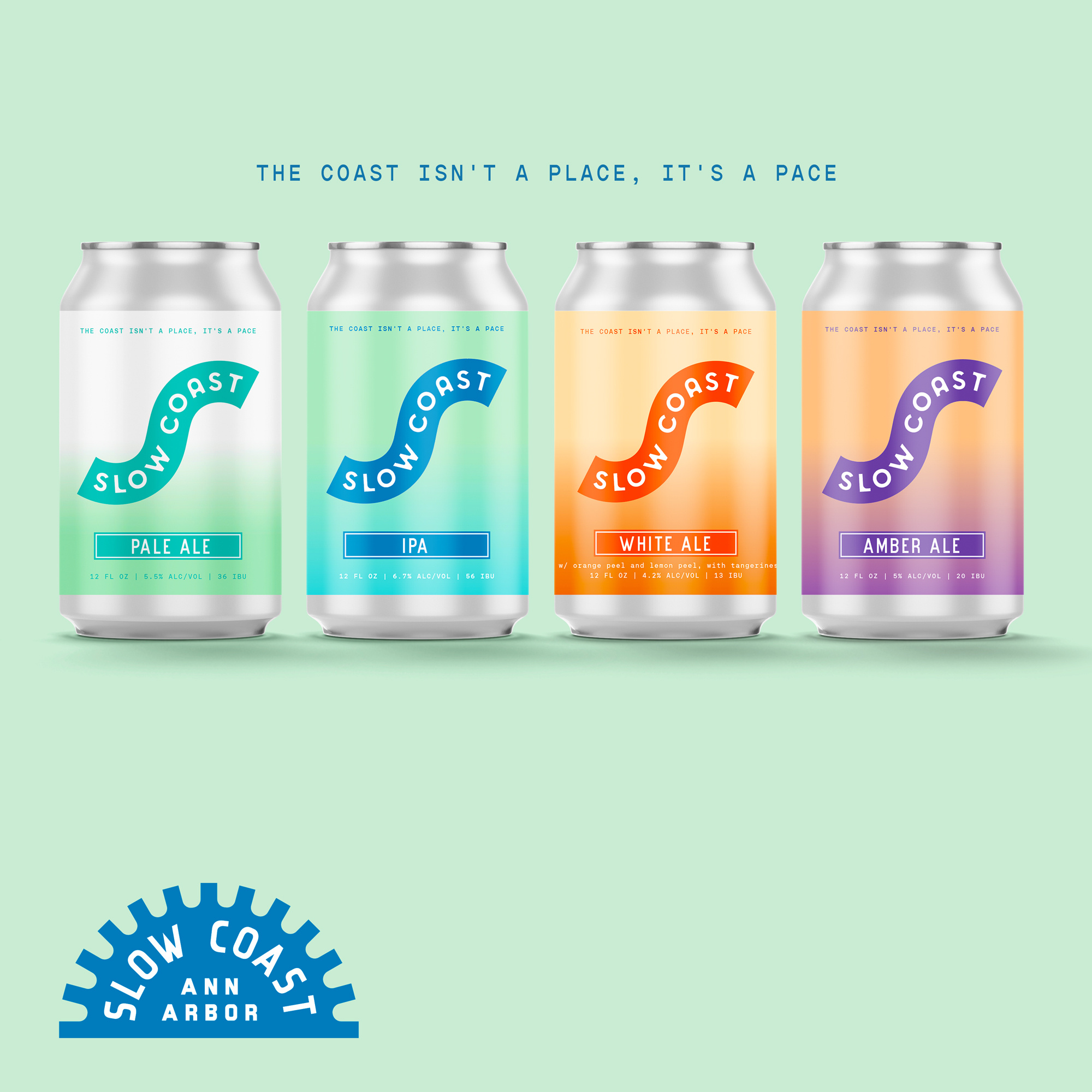 Slow Coast - Flagship Beers ale beer beer label brand design branding brewery can design cans craftbeer gradient graphic design ipa label design mockup packaging pastel retro series slow coast