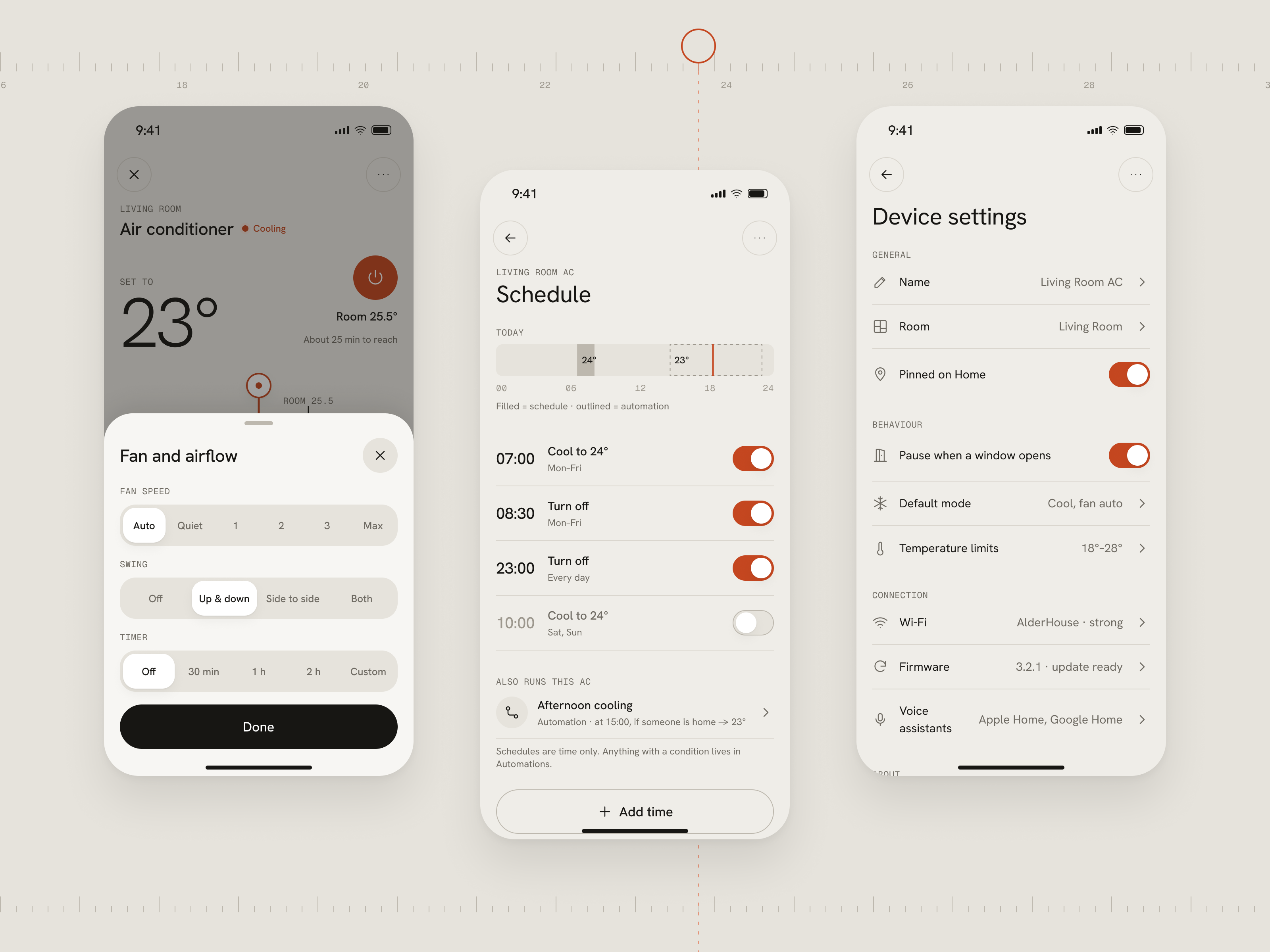 Lintel — Air Conditioner App ac app air conditioner app design bottom sheet climate control figma home automation ios iot mobile app schedule segmented control settings smart home smart home app thermostat ui ui design ux ux design