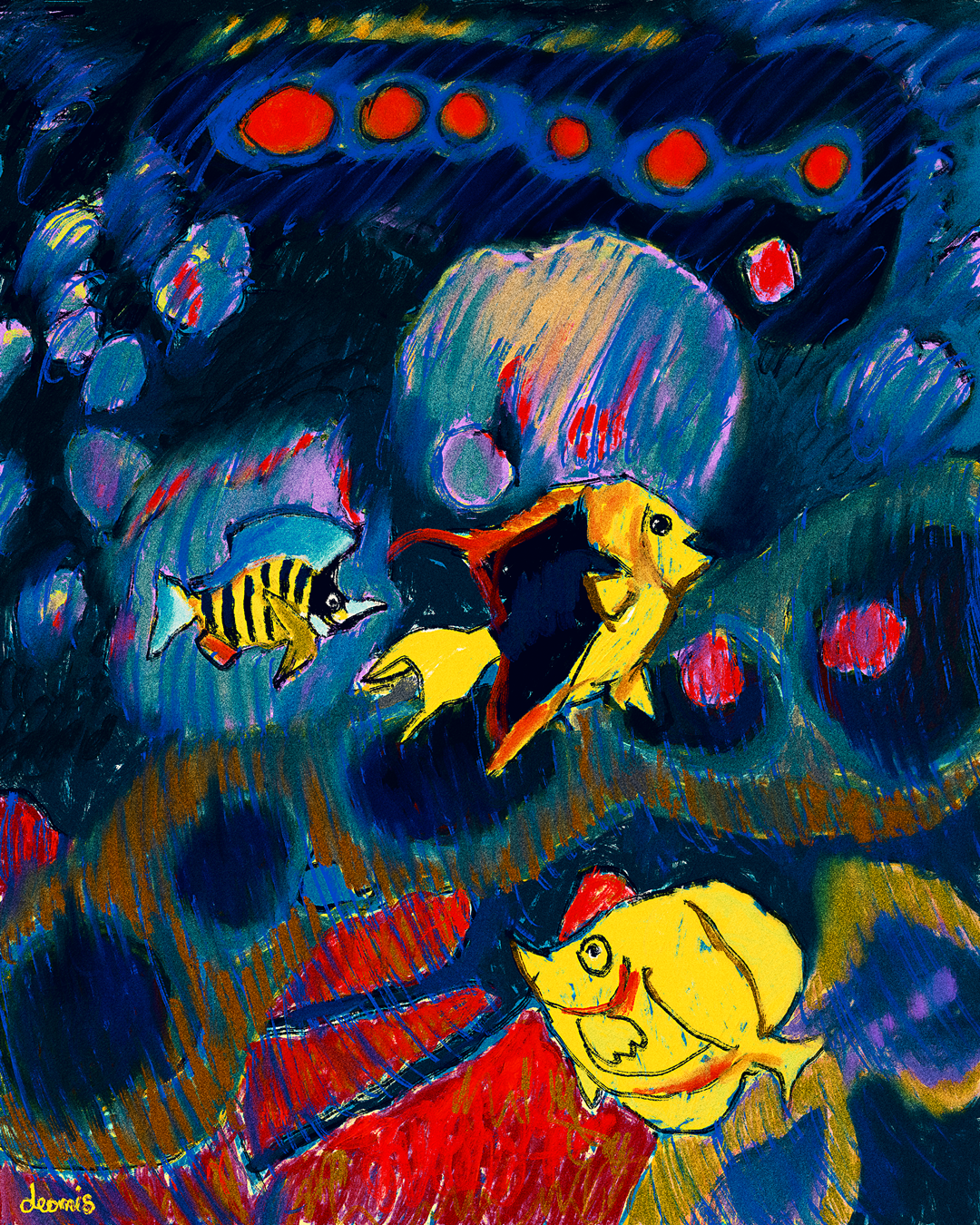 Under color exploration deep fauvism fish illustration impressionism oil painting sea texture