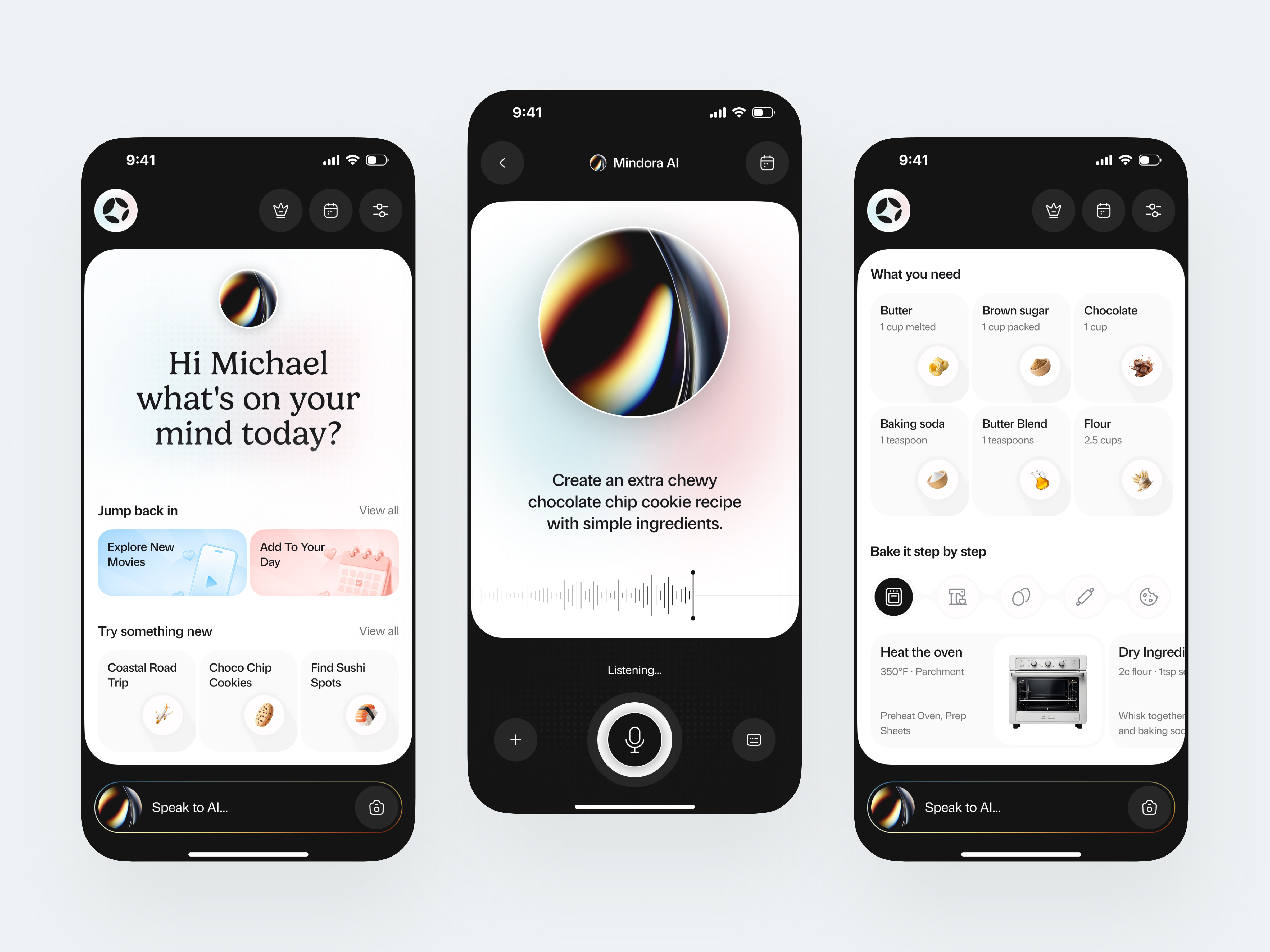 Smart AI Assistant & Voice Recipe App UI Design ai companion app ai voice app app conversational ai food tech ui ios ui ux design mobile product design multimodal ai recipe generator saas app ui smart home ui smart recipe app voice ai assistant voice search ui web web app