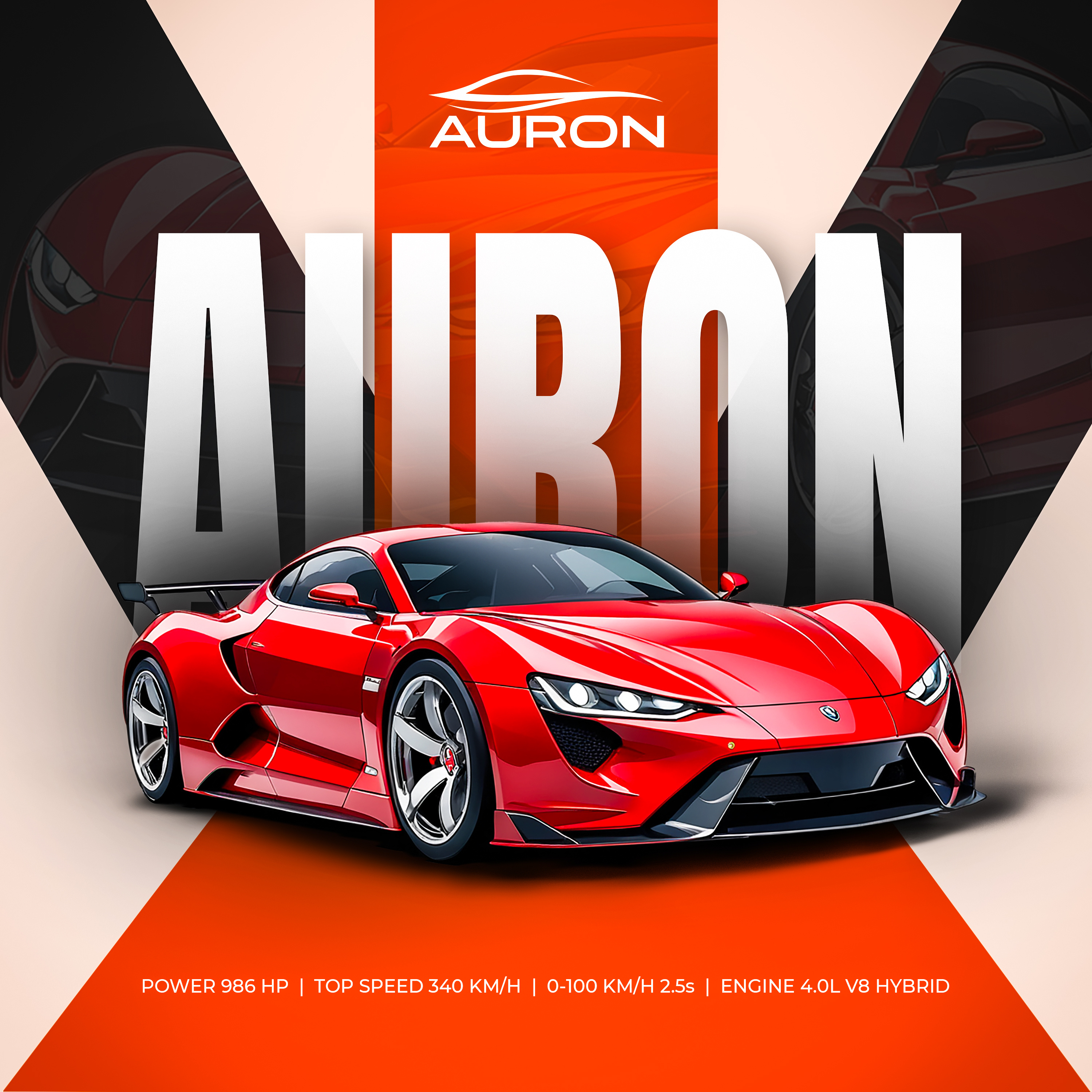 Modern Sports Car Logo Design & Social Media Advertising Banner auron automotive banner bold brandidentity branding car clean designsystem icon identity logo poster red socialmediadesign speed sportscar supercar typography vector