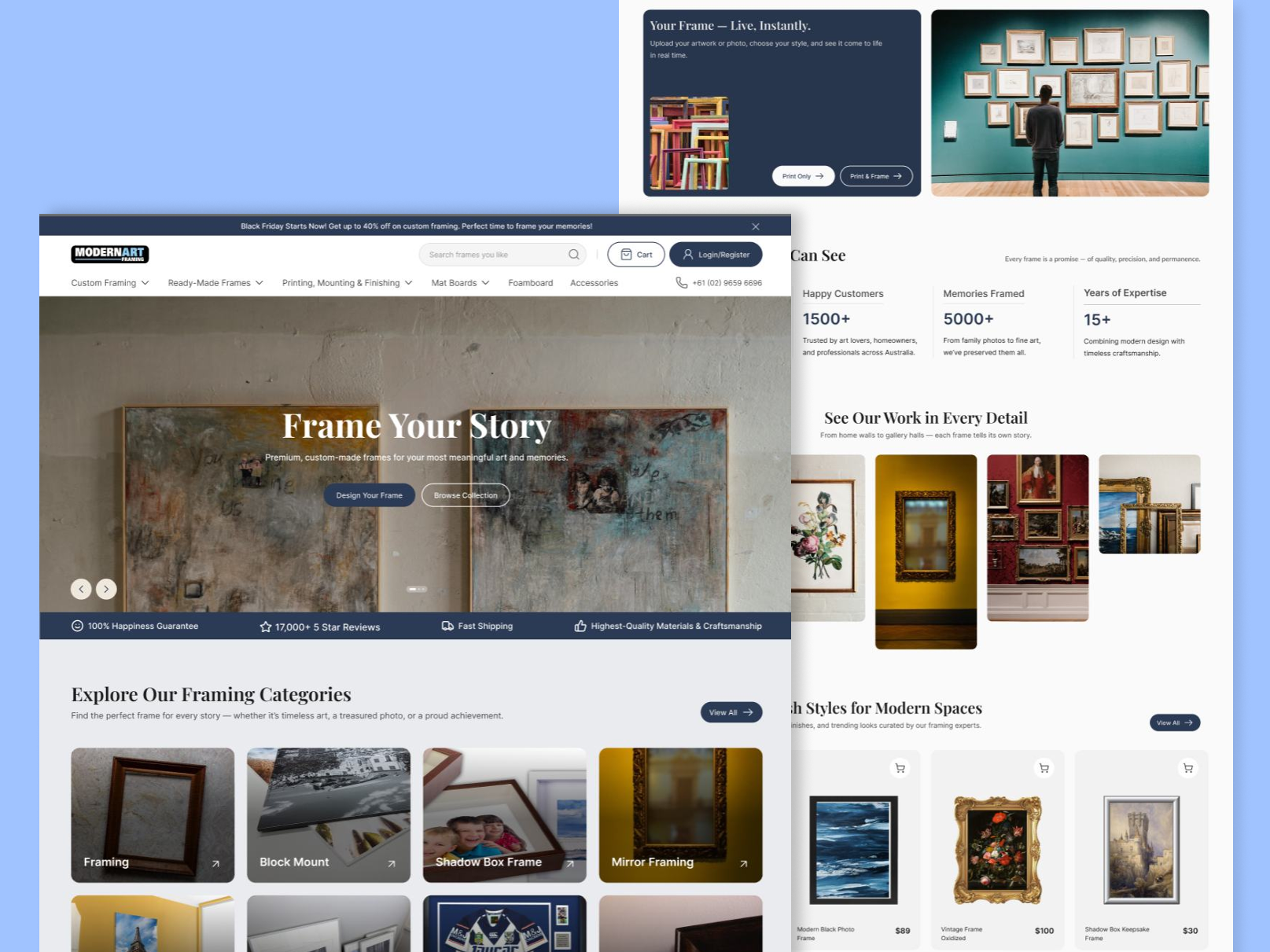 Modern Art Framing — A Modern Custom Framing Landing Page ecommerceui framesui framingui landingpage ui uiux ux websitedesign