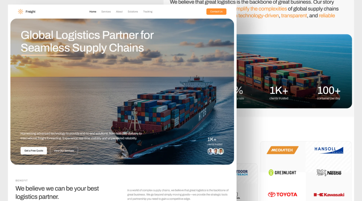 Freight Shipping & Logistic Landing Page 3d animation app branding dashboard design graphic design icon illustration logo minimal motion graphics typography ui uiux ux vector web website website design