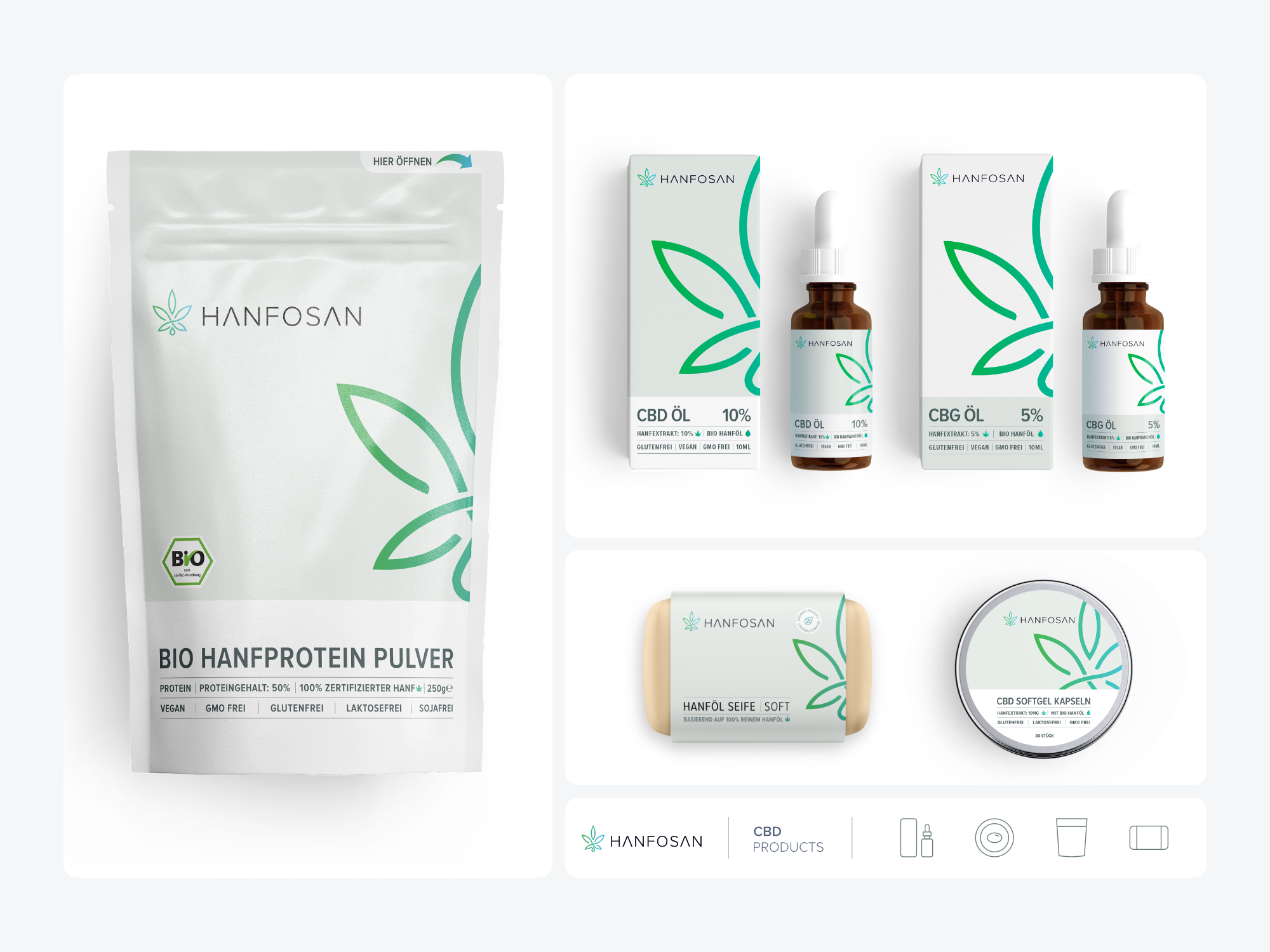 Hanfosan - Product Identity & Packaging Design box branding cbd oil cbd packaging clean dropper bottle graphic design icon label design packaging design pouch product identity product packaging wellness