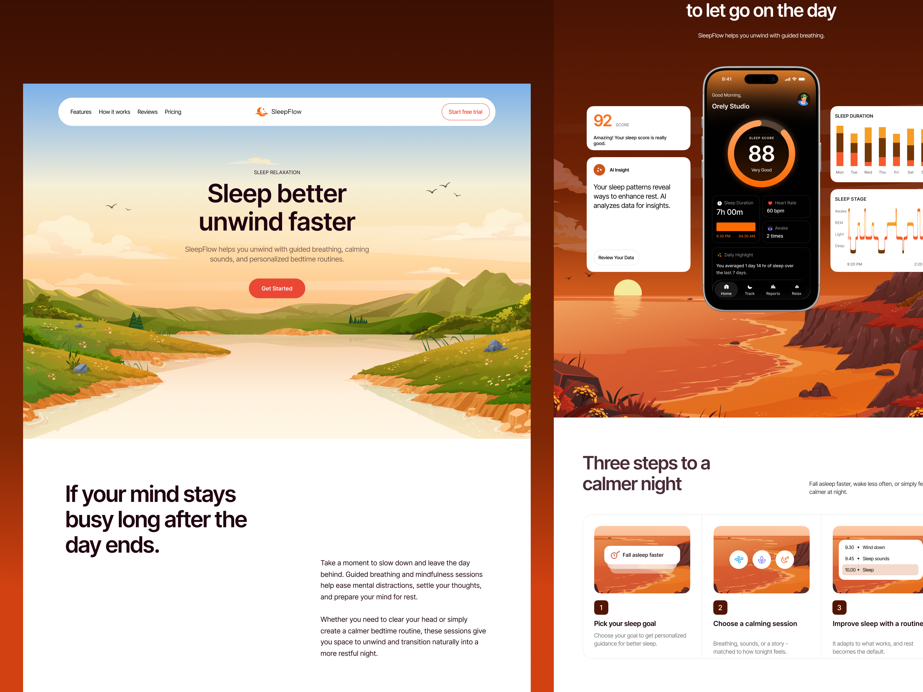 SleepFlow — Sleep Better, Unwind Faster 🌙 app clean design health illustration landing page meditation mindfulness mobile modern orely sleep ui ux warm web wellness