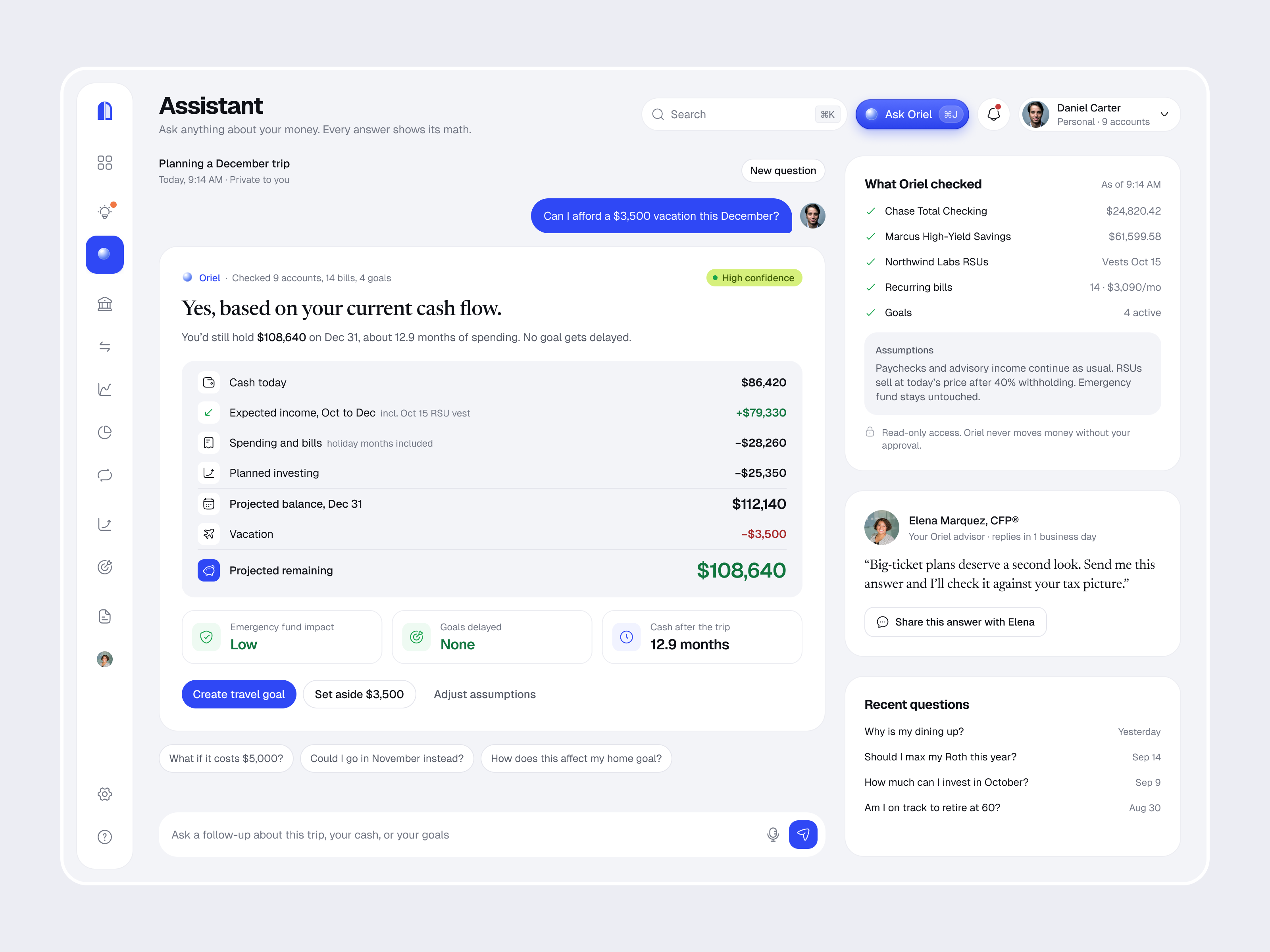Oriel - AI Personal Finance Assistant Dashboard | Animation ai assistant ai chat ai finance animation chatbot conversational ui copilot dashboard finance app fintech llm motion design oriel personal finance product design saas ui ui animation ux web app