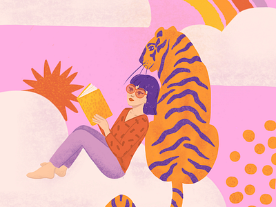 Children illustration, girl and tiger in the clouds animal illustration book illustration character design children book children illustration clouds digital illustration editorial illustration illustration illustration jeunesse jeunesse nature illustration nuages personnage poetic poétique rainbow tiger tigre