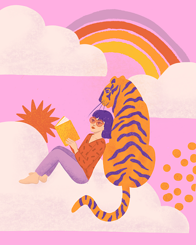 Children illustration, girl and tiger in the clouds animal illustration book illustration character design children book children illustration clouds digital illustration editorial illustration illustration illustration jeunesse jeunesse nature illustration nuages personnage poetic poétique rainbow tiger tigre