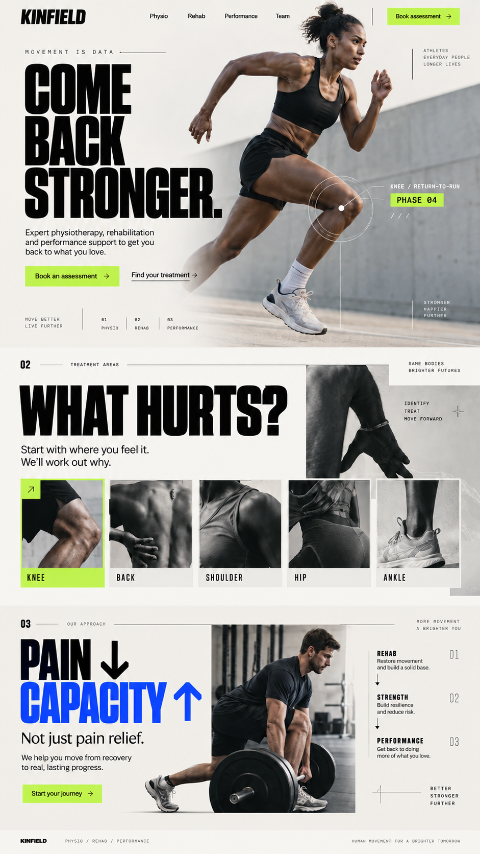 KINFIELD - Physiotherapy & Performance Website brand identity creative direction graphic design healthcare medical website physiotherapy typography ux design web design website design