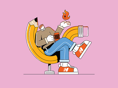 Honedon Brand - Character Design branding chair charachter creative design drawn drew fire graphic design hat ill illustration jeans mug orange pencil pink shoes typography vector