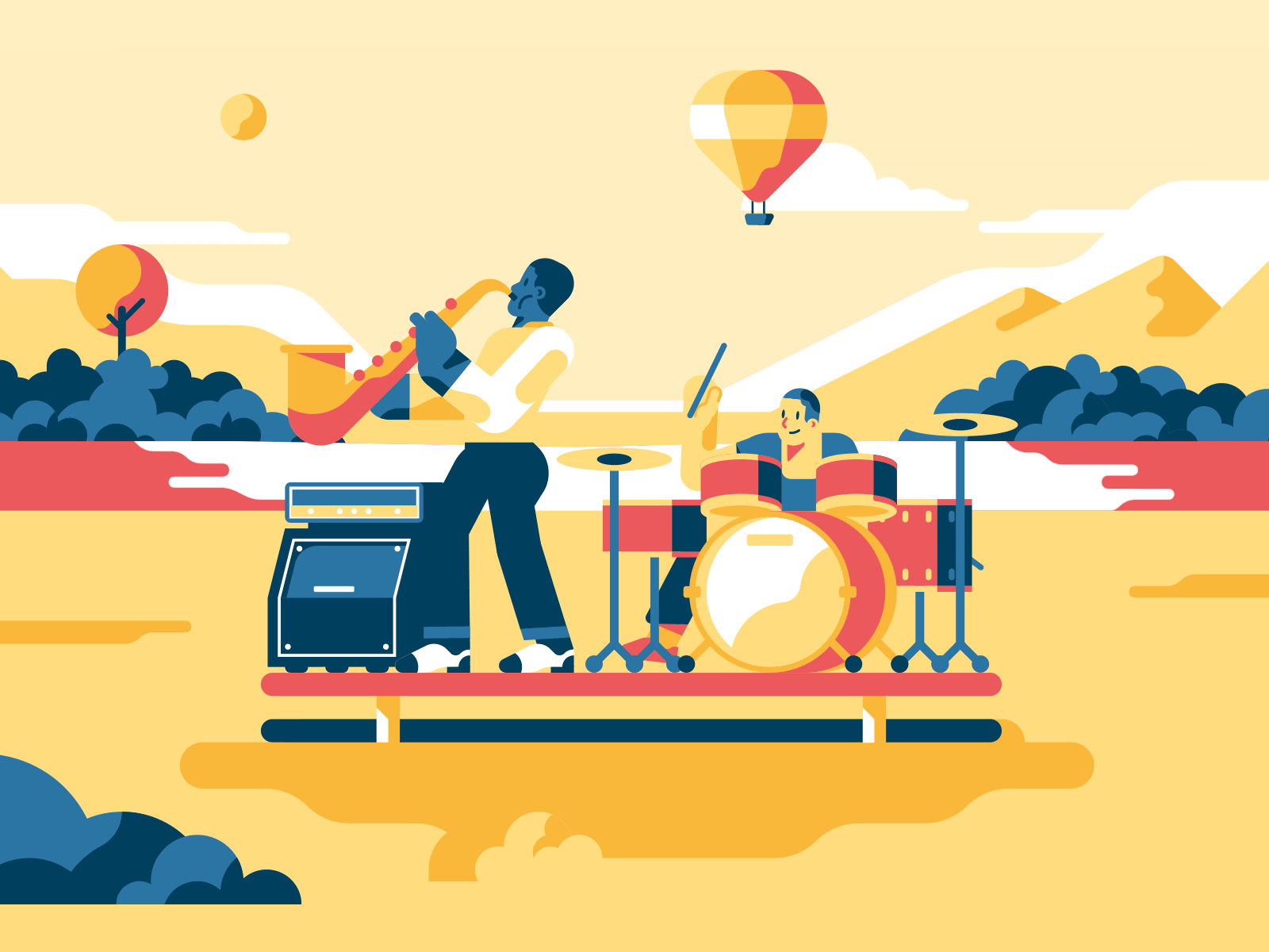 InVolo - Musicians 2d after effects band character animation drummer gif illustration landscape loop motion design motion graphics music sax song