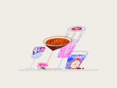 Glass composition alcohol coffee comercial composition drink flat flower glass ice illustration juice night orange