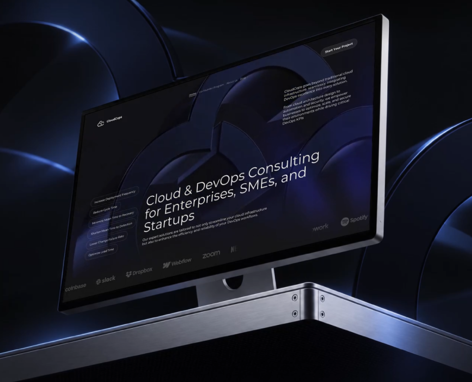 CloudCops — Enterprise Cloud & DevOps Consulting 3d visualization brand landing client social proof cta button dark ui enterprise design hero section interface design landing page minimalist web design navigation bar product design typography hierarchy visual storytelling web design