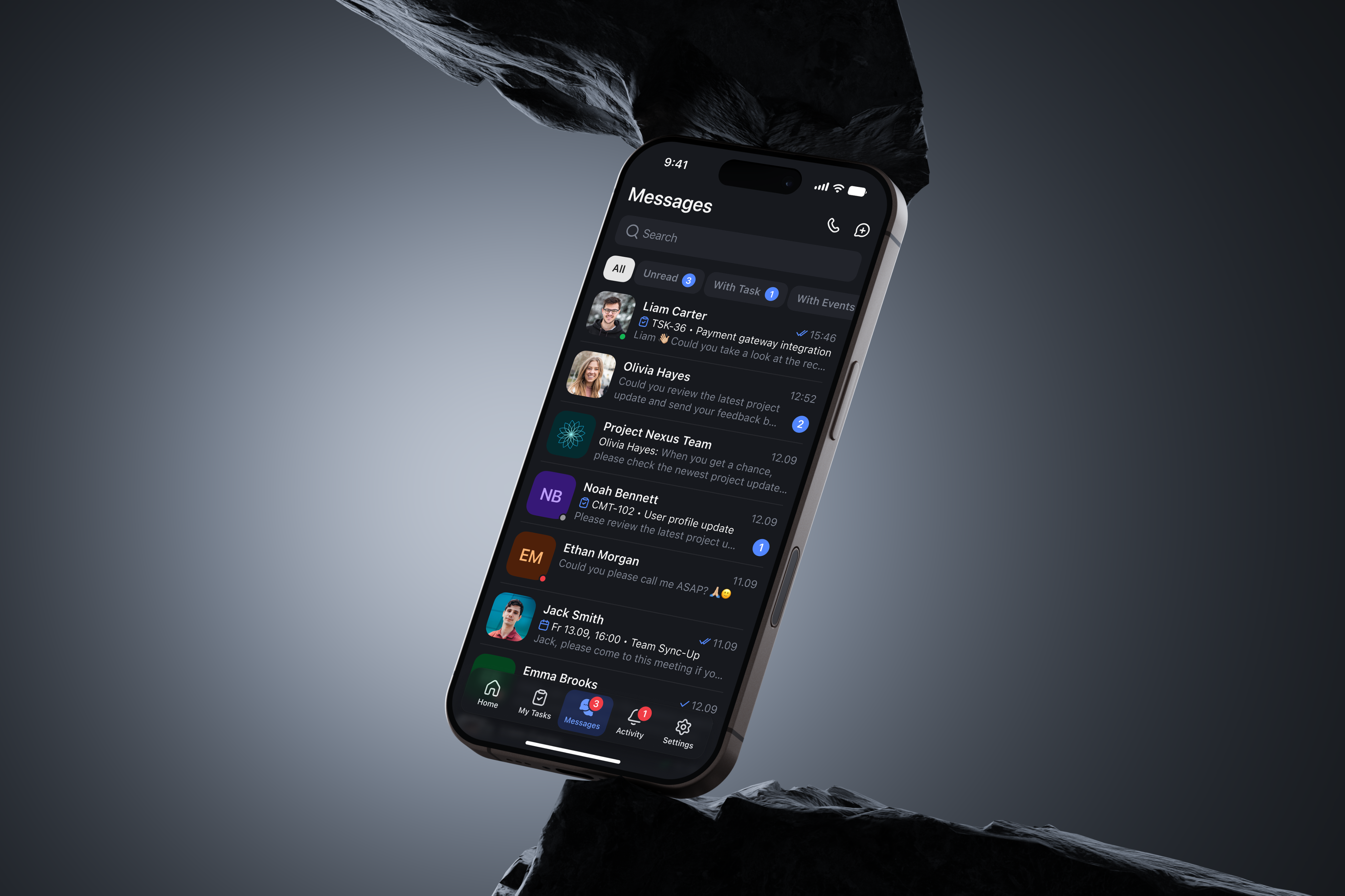 Work Messenger Concept • Chats & Tasks chat dark mode ios message messenger mobile app product design task management ui design