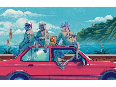 The Baboon Gang adobe baboon brushwork cape cape point car charcterdesign chicken clipstudio digitalart drawn good hope illustration landscape muti photoshop red squad tattoo wacomart