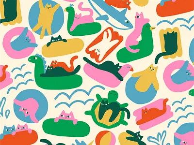Cats in a Pool Pattern Design cat cat illustration fun illustration pattern pattern design playful pool pool illustration summer summer mood