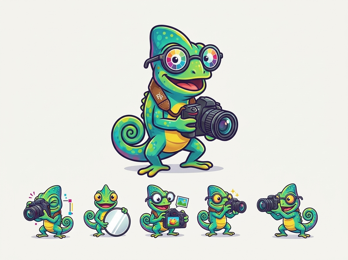 Pixel Perfect Photography - Brand Identity & Mascot Design brand guidelines brand identity brand system branding presentation camera logo camera strap chameleon mascot creative studio branding graphic design lens cloth logo design mascot design merchandise design photography branding studio signage vector illustration visual identity