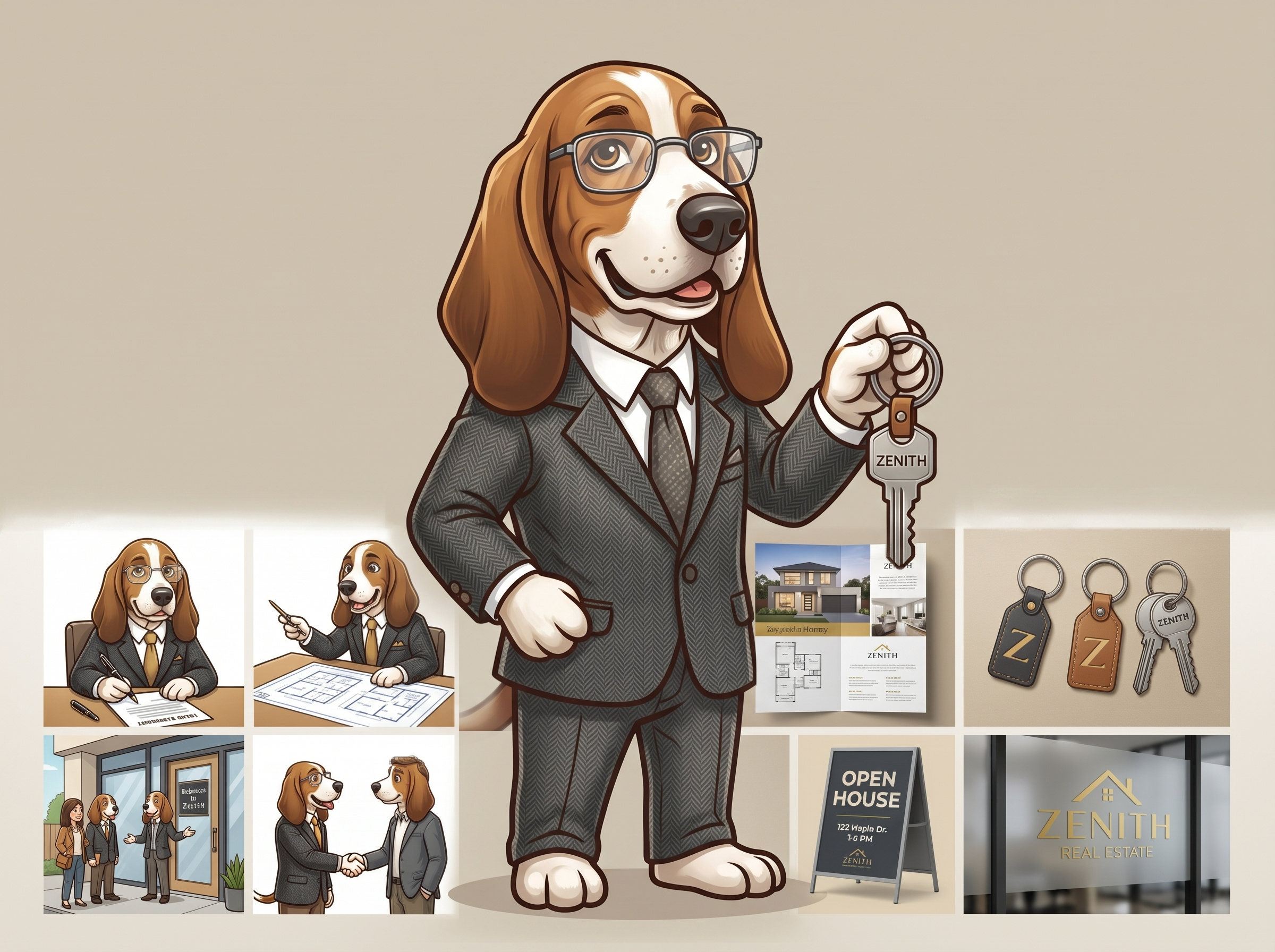 Zenith Real Estate - Brand Identity & Professional Mascot Design brand guidelines brand identity brand system branding presentation brochure design business suit dog illustration graphic design hound mascot keychain design logo design luxury real estate marketing collateral mascot design property agency logo real estate branding signage typography vector illustration visual identity