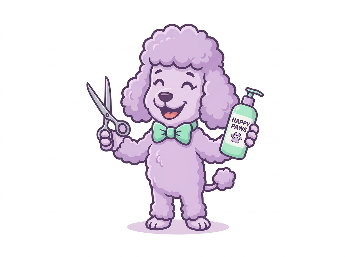 Happy Paws Pet Grooming - Brand Identity & Mascot Design System animal care branding brand guidelines brand identity brand system branding presentation graphic design logo design mascot design merchandise design packaging design pet grooming branding pet salon logo poodle mascot staff uniform storefront signage typography vector illustration visual identity