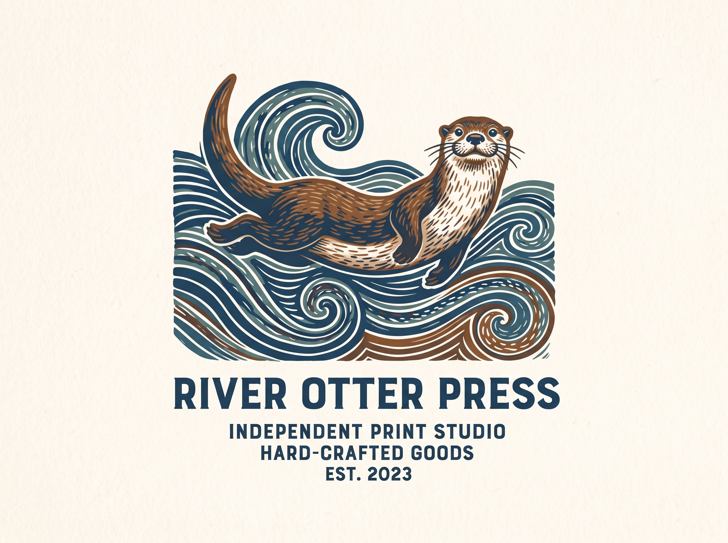 River Otter Press - Brand Identity & Letterpress Studio Design artisanal packaging brand guidelines brand identity brand system branding presentation business card design graphic design handcrafted goods letterpress logo linocut illustration logo design mascot design otter mascot packaging design print studio branding tote bag design typography vector illustration visual identity
