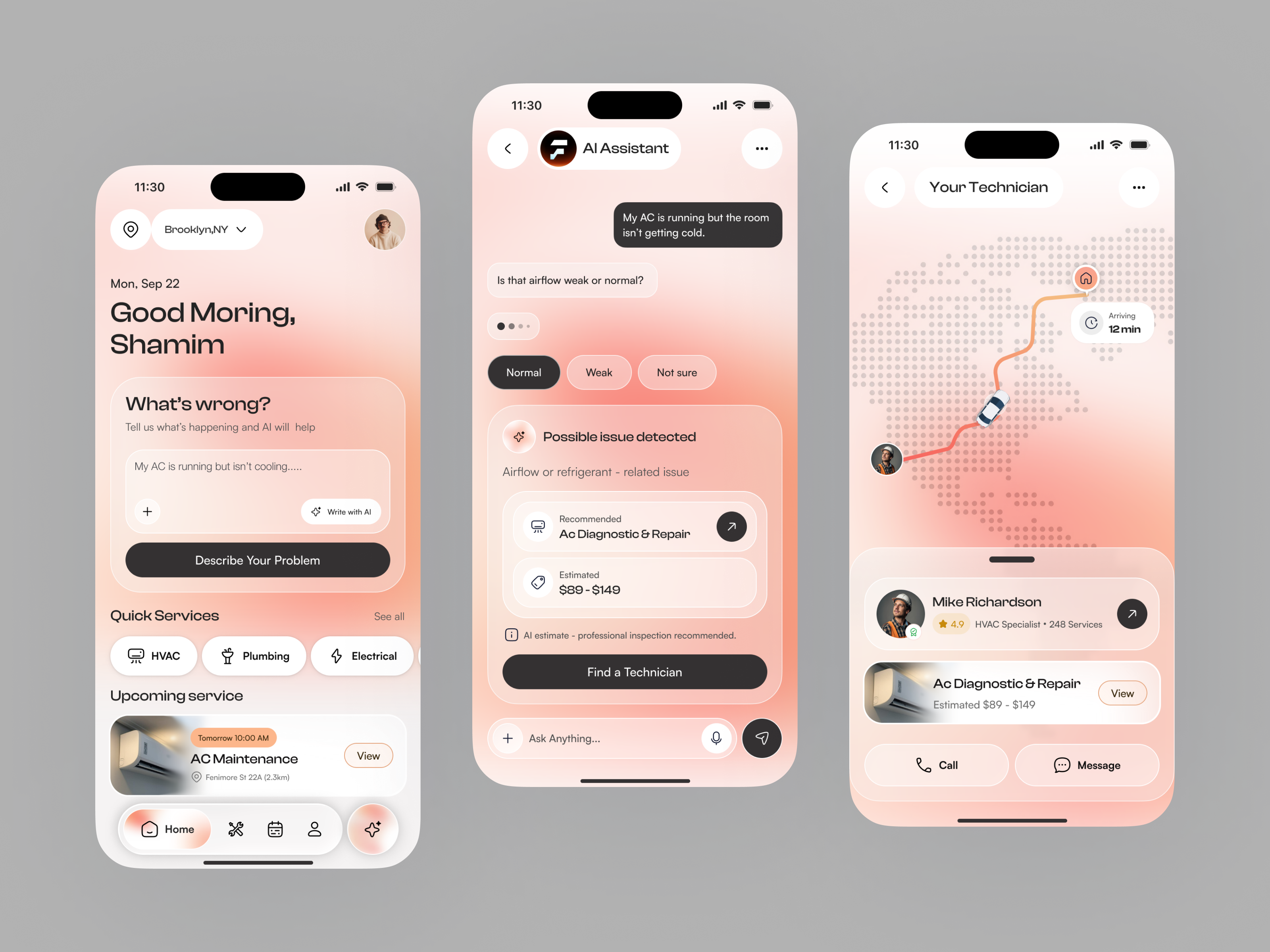 AI Home Services App UI — Smart Technician Booking & Repair ai app design ai home services ai product design app booking system cleaning app handyman home maintenance app home repair app home service app home services app on demand services repair saas product design service booking app service marketplace service provider app smart home app technician booking web