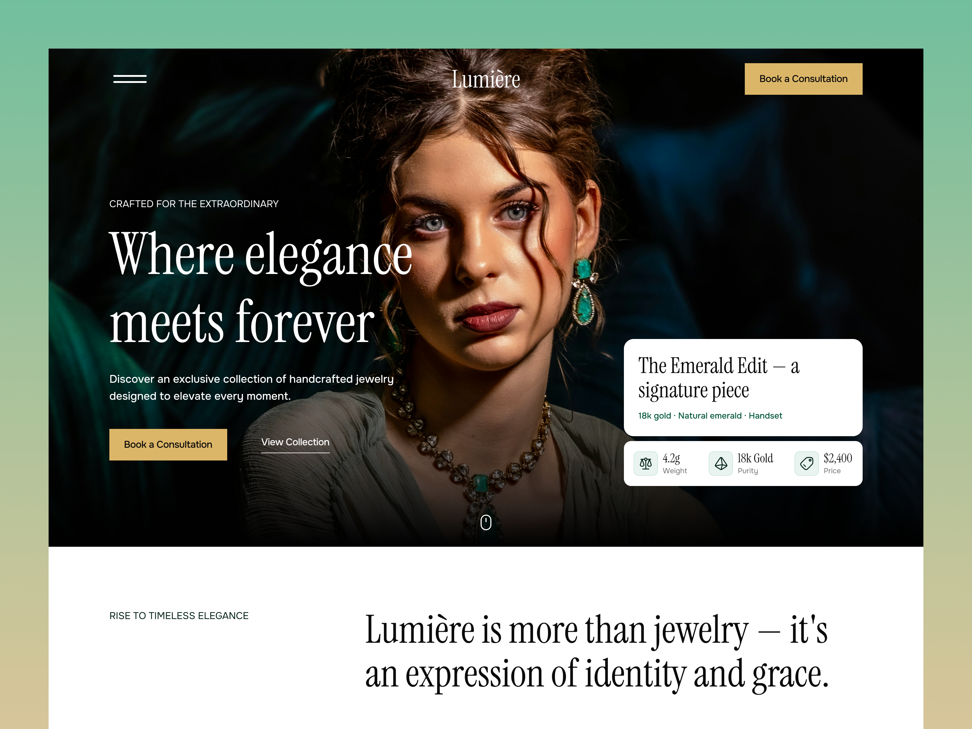 Jewelry Website Hero Section – Lumière elegant design fashion website figma hero section hero section design homepage design jewelry landing page landing page design luxury design minimal design product design ui design ui ux design user interface user interface design ux design web design website design website ui