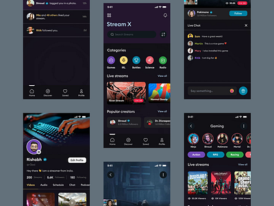 Streaming App UI Design | Rish Designs clean ui design creator app ui dailyui dark theme ui dark ui design figma game app gaming studio ui metaverse ui new ui trend rish designs streaming app ui twitch redesign ui ui design ui design animation ui trends 2023 ultimateuiux ux