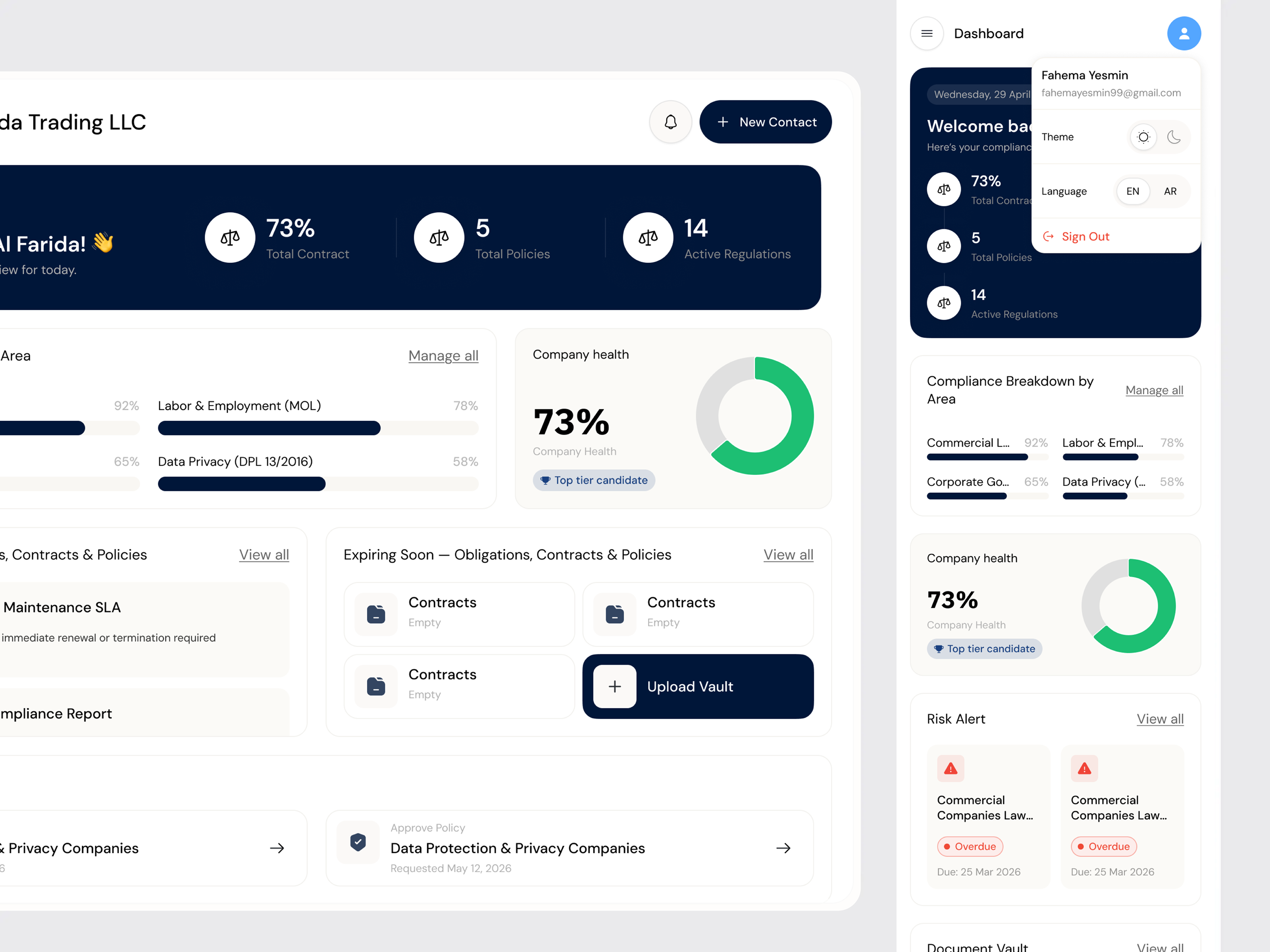 AI Compliance Dashboard — Legal Intelligence Platform ai dashboard analytics dashboard b2b saas dashboard design dashboard ui data visualization design system digital product design enterprise dashboard enterprise ux legaltech modern ui product design responsive design saas design ui ux design user interface web app design