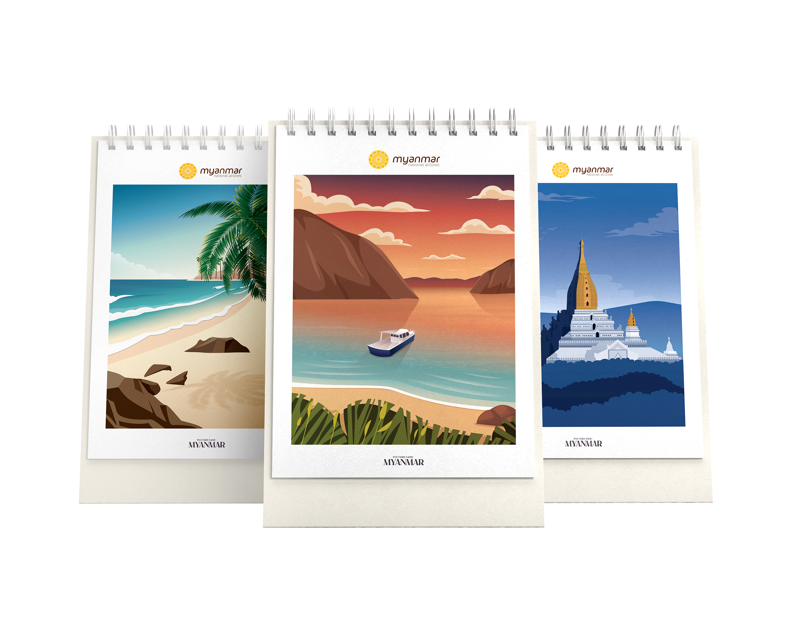 Calendar Design For Myanmar National Airlines calendar design city poster digital graphic design illustration layout myanmar print travel