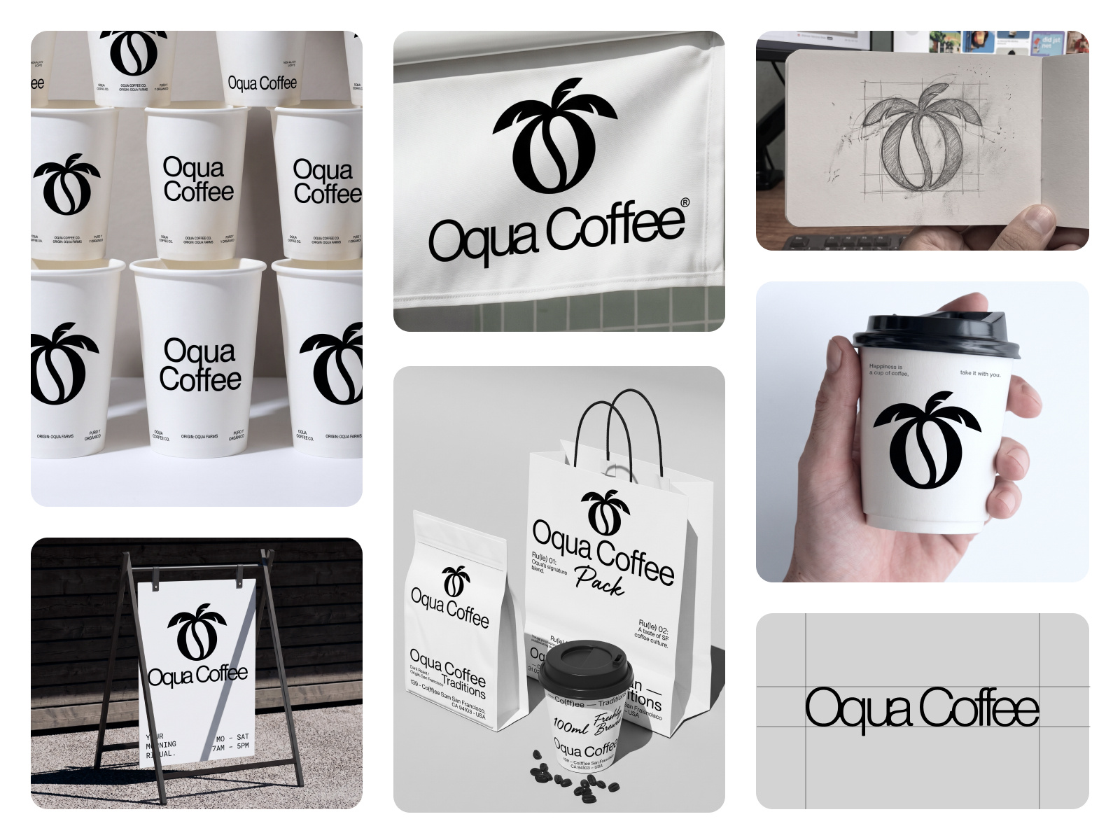 Oqua Coffee — Brand Identity & Packaging Design artisan coffee brand brand identity cafe branding cafe visual identity coffe cup logo coffee bean logo coffee branding coffee logo design coffee logo mark coffee packaging coffee shop identity espresso brand identity logo mark coffee minimalist coffee logo