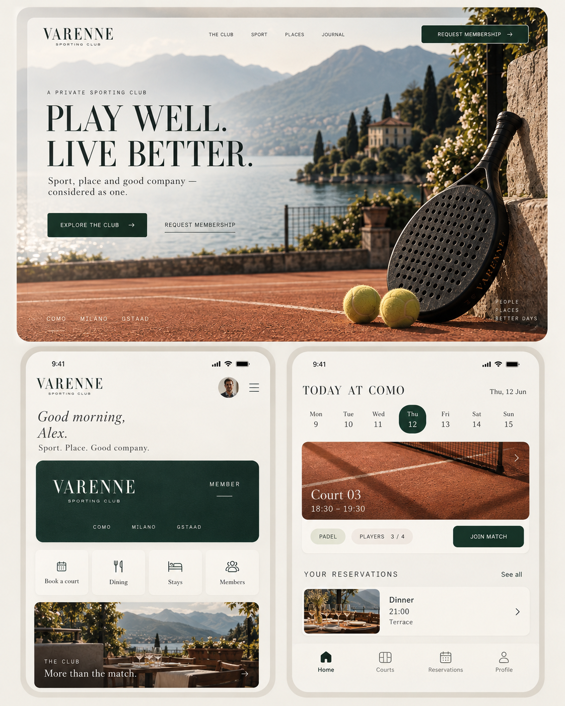 VARENNE - Luxury Sporting Club Website & App brand identity branding creative direction design graphic design typography ui web design