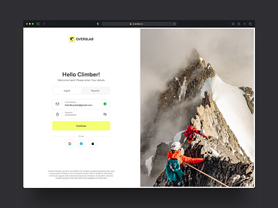 Overslab - all your climbing stuff in one place app climbing climbing app design login minimal registration sing up splash screen ui ui design uiux user experience user interface userinterface ux