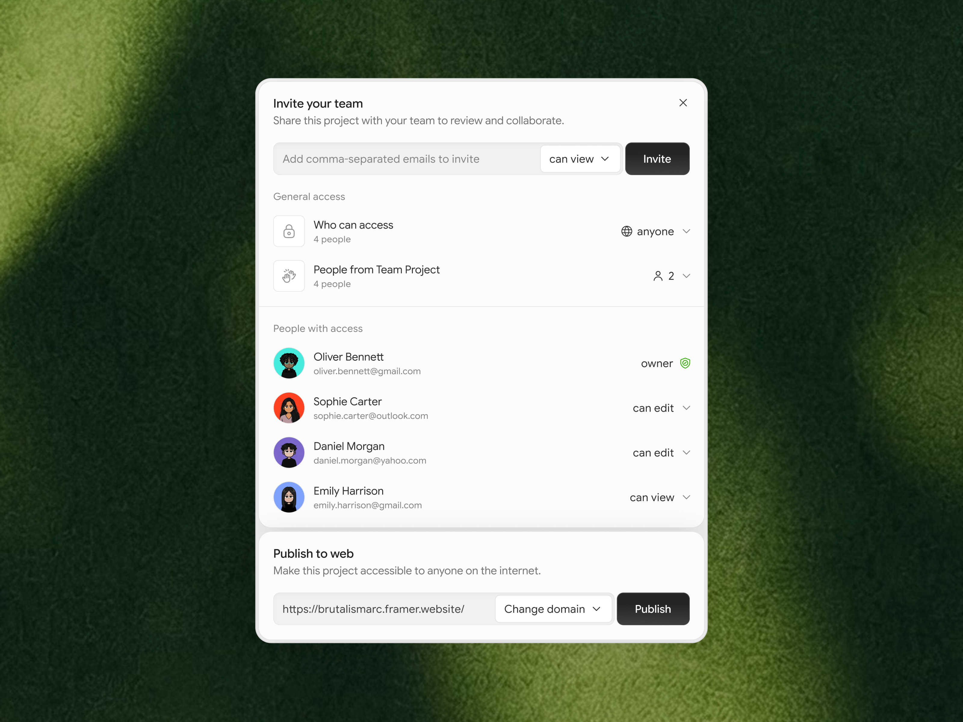Team Collaboration & Sharing Modal UI access control modal component permissions ui saas dashboard sharing modal team collaboration ui design ux design web publishing