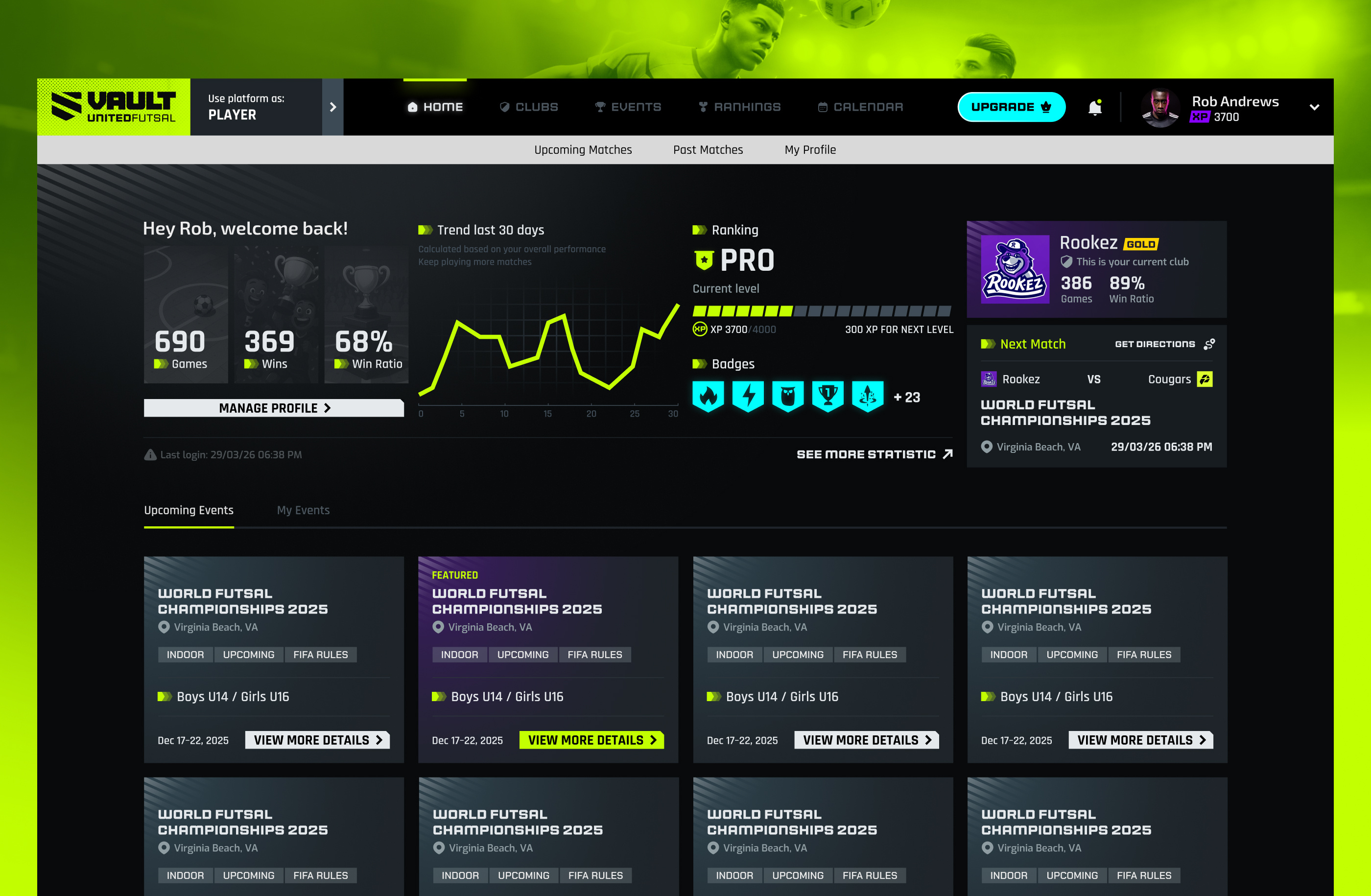 United Futsal Sports Dashboard UI club management competition platform dashboard design dashboard ui digital product futsal platform main dashboard player dashboard product design ragebite sports dashboard sports management sports platform sports technology sports ui sports ux ui design ux design youth futsal youth sports