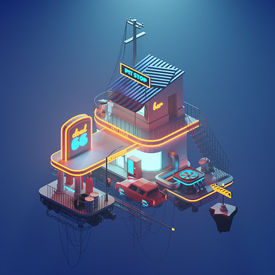 Gas station in the clouds 3d animation blender cyberpunk lowpoly neon