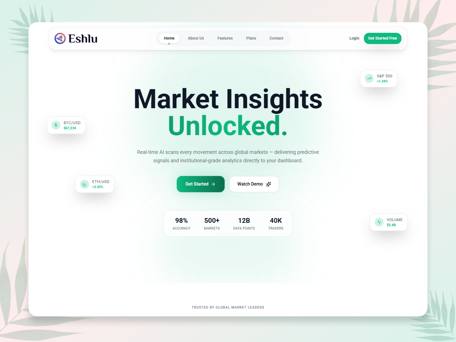 Eshlu — AI Stock Trading & Financial SaaS React UI 3d ai branding darkmode design fintech graphic design illustration landing page logo reactjs saas stockmarket trading typography ui uidesign ux vector webdesign
