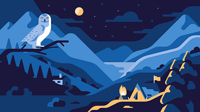Night landscape animal animated gif breathing camping dark fire flames forest gif illustration lake landscape loop motion design motion graphics mountains night owl tent