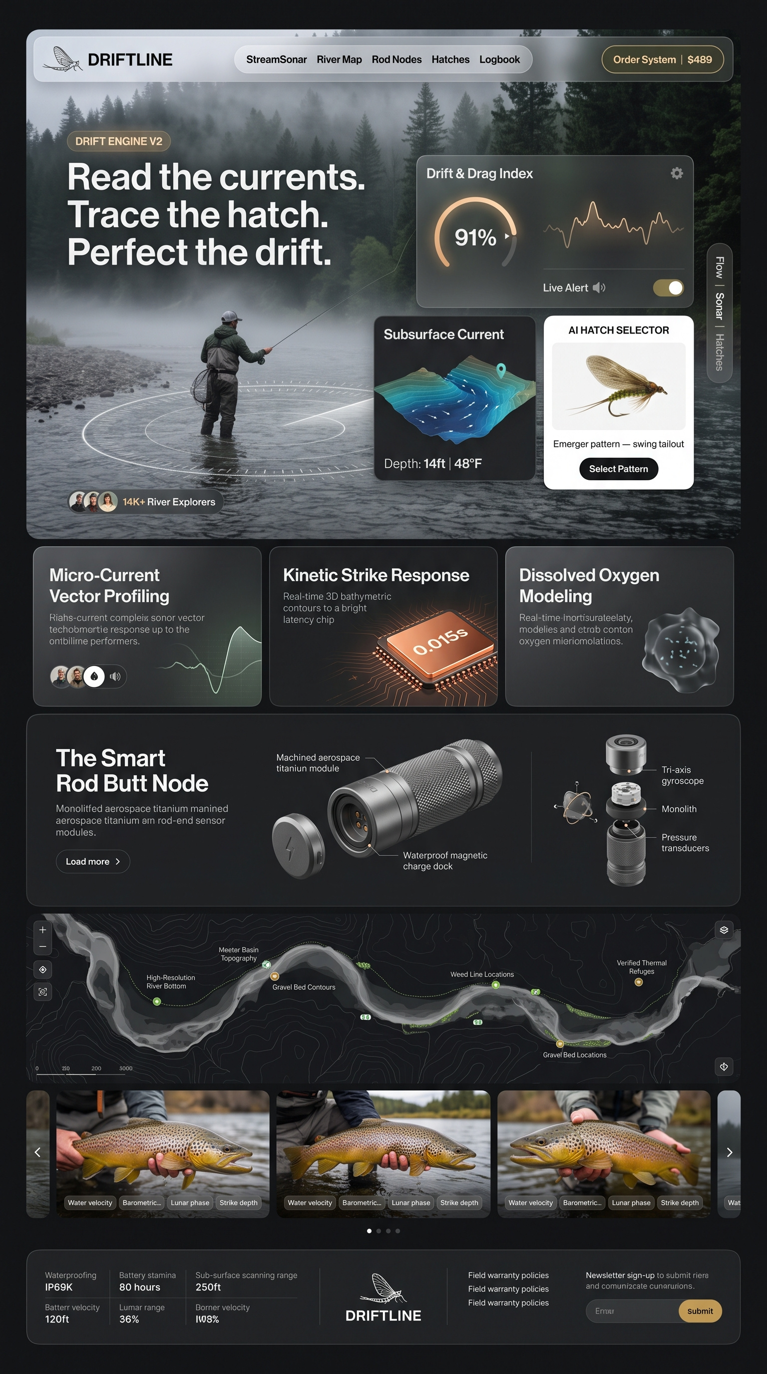 Driftline - Smart Angling & River Telemetry Web UI/UX Design angling tech website bathymetric map ui brand identity system clean web layout dark mode web design exploded view render fly fishing branding hardware showcase landing page design mayfly logo modern web ui outdoor tech ui product design river telemetry saas website design smart fishing rod telemetry dashboard ui ux design visual identity web design inspiration