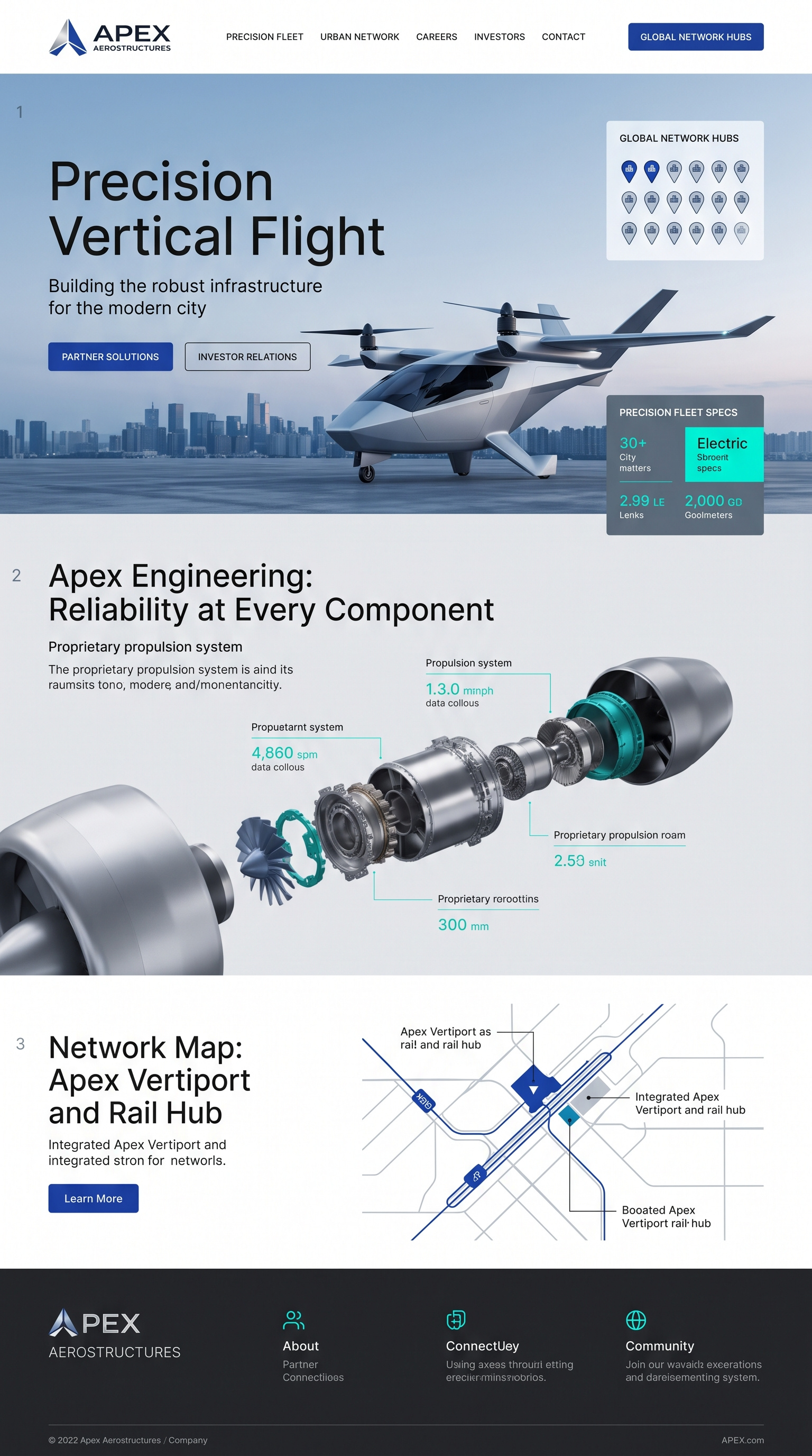 Apex Aerostructures - eVTOL & Vertiport Network Web UI/UX Design aeronautics branding aerospace web design aviation website bento grid layout clean web layout corporate web design electric aircraft engineering showcase evtol branding landing page design mobility tech modern grotesk typography product design saas landing page technical web design transit map ui turbine cad render urban air mobility ui vector logo visual identity