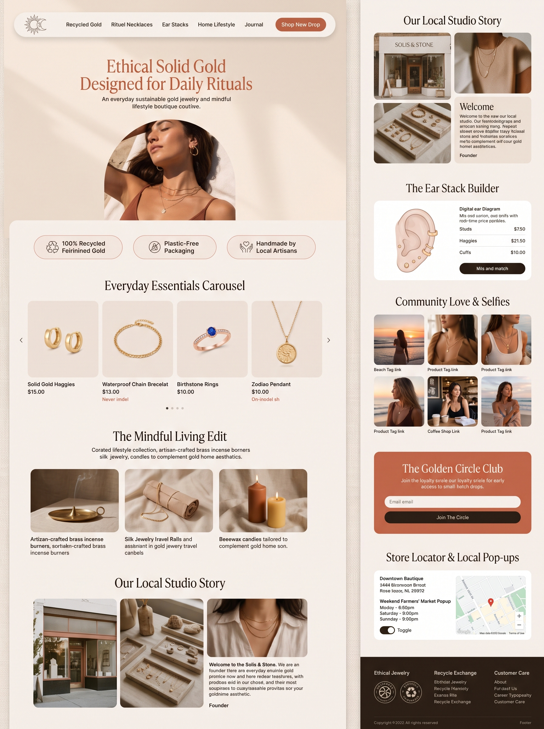 Solis & Stone - Ethical Gold Jewelry & Lifestyle Web UI/UX artisanal branding boutique storefront clean web layout d2c ecommerce design ear stack builder ecommerce website ui ethical fashion branding fine jewelry branding graphic design inspiration jewelry web design landing page design lifestyle boutique design modern serif typography product builder ui shoppable lookbook sustainable fashion ui terracotta web design vector badge visual identity warm minimal ui