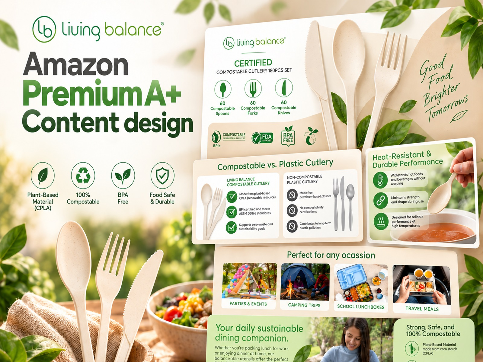 Amazon Premium A+ Content: Compostable Cutlery Set amazon amazon a content amazon ebc amazon listing amazon product branding graphic design