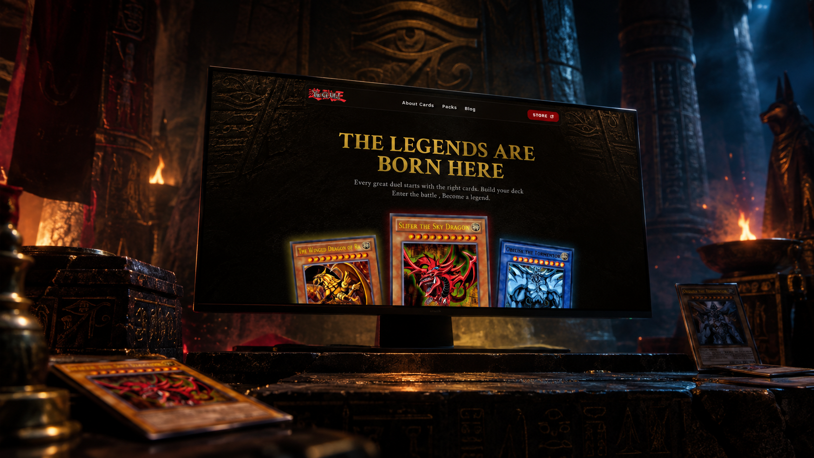 Yu-Gi-Oh! Egyptian Cards — Cinematic Hero UI animation cinematic dark ui figma game ui hero section landing page motion graphics ui ui design visual design web design web ui