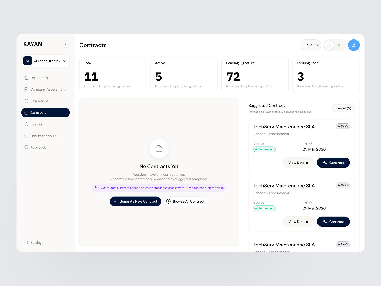 Kayan — AI Contract Management Dashboard admin dashboard ai ai dashboard b2b contract management dashboard dashboard design data visualization design system enterprise fintech legaltech product design regtech saas software ui design ux design web app web design