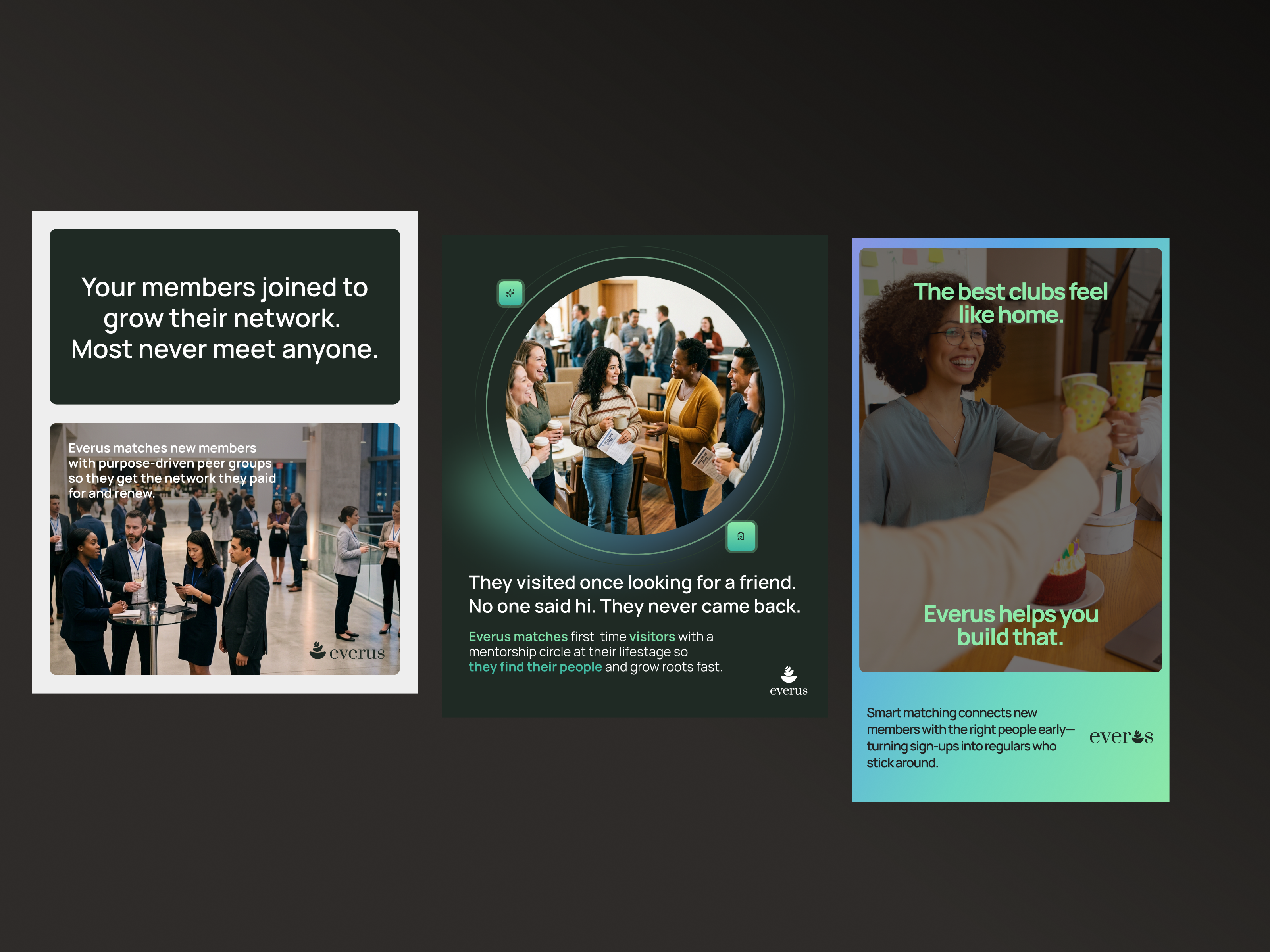 Everus - Association Renewals Triptych ad campaign design association renewal community retention member mentorship new member onboarding product design ui design ux design visual storytelling welcome experience