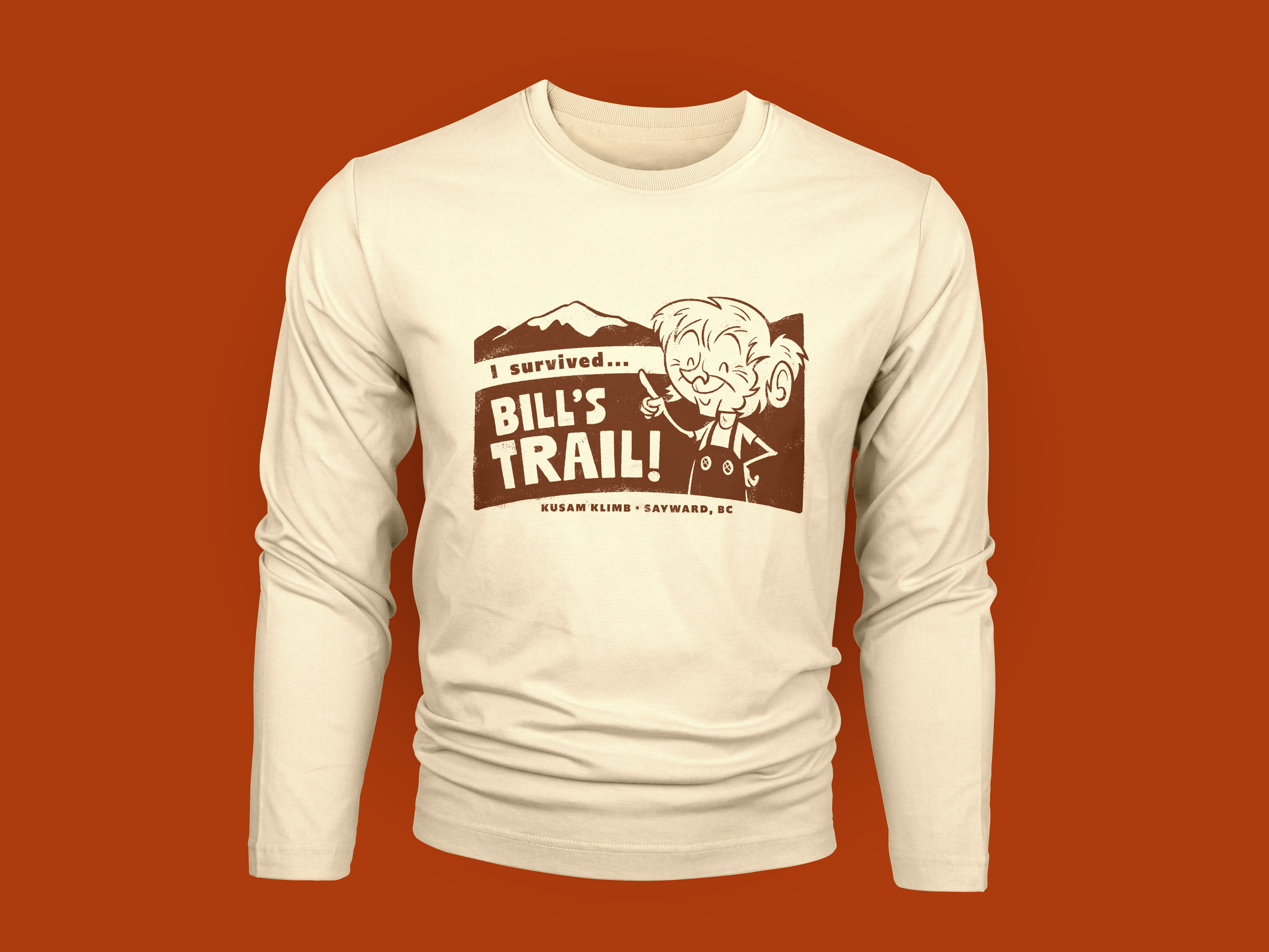 I survived Bill's Trail (Kusam Klimb tee) british columbia canada challenge character design cute digital illustration hike illustration kusam klimb mountain mountain trail outdoors retro running sayward sayward bc trail trail running vancouver island vintage