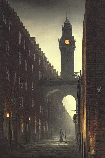 Painting in the style of Canaletto depicting Jack the Ripper crime illustration painting surreal