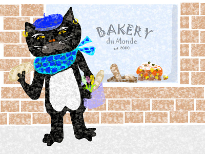 Parisian Chat animals baguette bakery beret bread cat digital art feline france illustration paris scarf scene vector