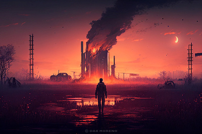 Inferno's Reflection ai ai art ai artist alien android artificial intelligence burning chaos dax moreno dystopian future inferno oil refinery on fire red smoke