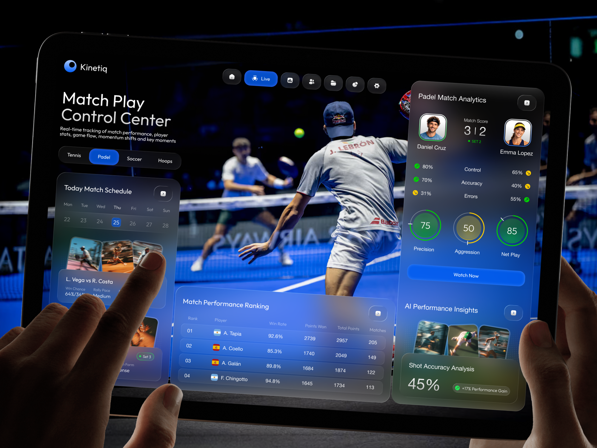 Kinetiq | Match Play Control Center & AI Sports Analytics ai sports analysis athletic telemetry platform computer vision sports ai dark mode sports ui head to head player comparison live match tracking ui match performance ranking modern sports dashboard padel analytics app padel court tracking player performance index racket sports analytics real time match stats responsive tablet ui sports betting telemetry sports streaming interface sports tech tablet design sports telemetry dashboard tablet mockup presentation